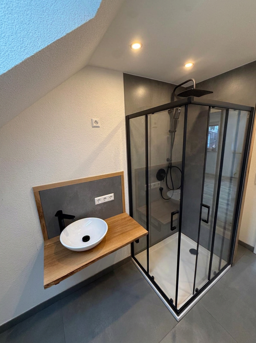 Modernes Badezimmer mit Walk-in-Dusche und Holzwaschtisch in Crailsheim